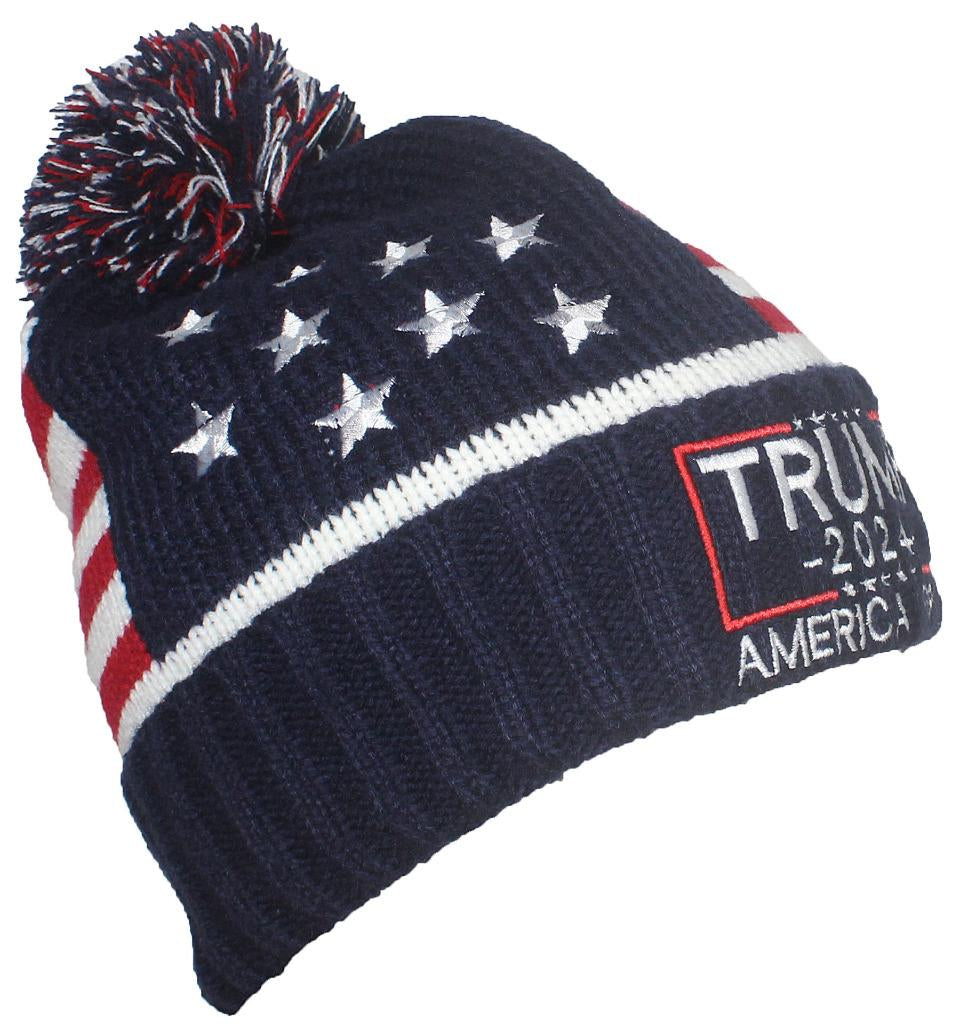 Adult US Flag Embroidered Trump Campaign Slogan Beanie - Navy/White 2024 TAB Square