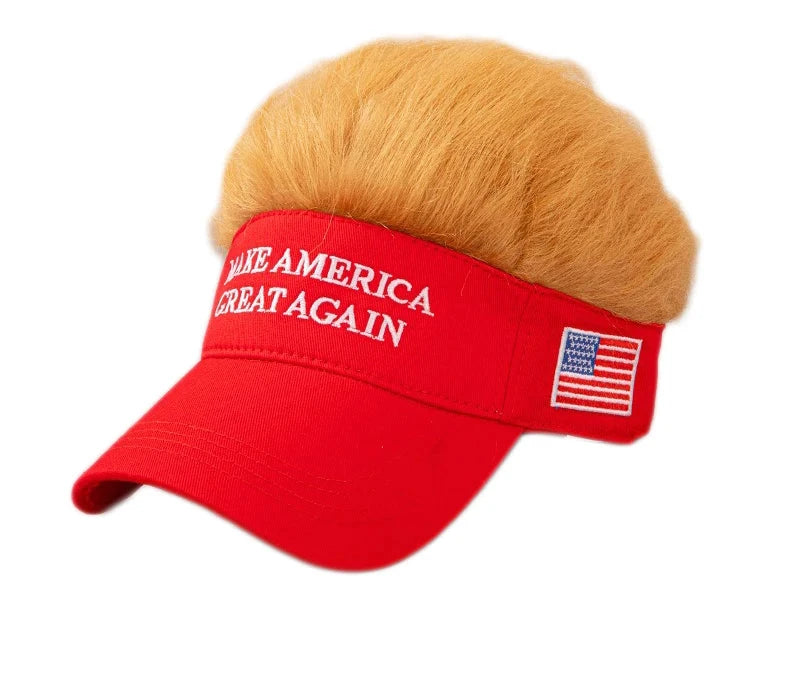 MAGA Cosplay Hat with Wig Halloween Cosplay Prop Election Props President Supporter Fans Trump Baseball Hats Embroidered Flag